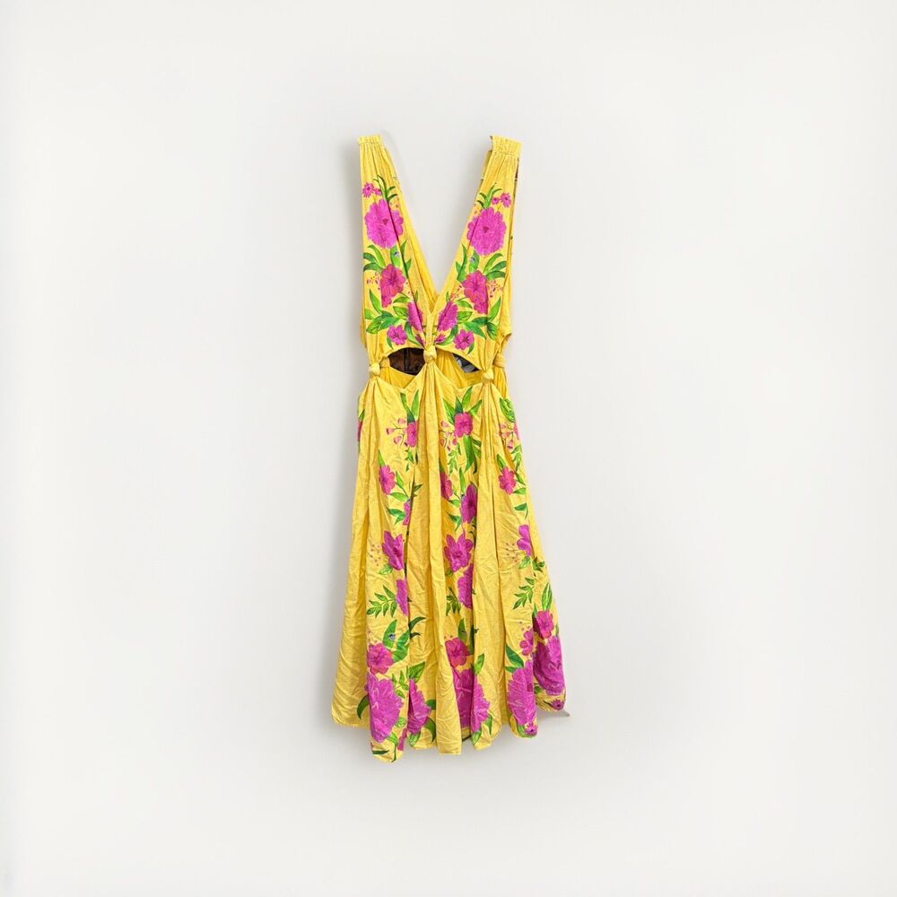 Farm Rio Knotted Cutout Waist Midi Dress Romantic Garden Size M Linen Blend - Picture 2 of 4